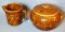 Glazed stoneware bean pot or covered casserole and a small pitcher. Both pieces are in overall good
