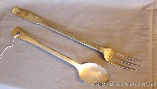 Heavy duty meat fork is 17-1/4" long; serving spoon measures 13-1/2" long. Both pieces are heavy and