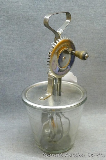 Hazel Atlas 2 cup beater jar with A&J beater, pat. Oct. 9, 1923; measures 3-3/4" x 10" tall.