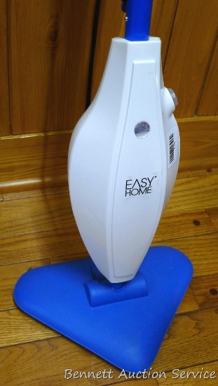 Easy Home steam mop, includes user guide, but the pads are missing. Measures 12" x 8" x 44" tall.