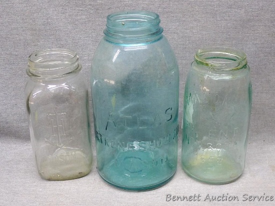 2 quart Atlas mason jar; strong shoulder Mason's quart Jar, patent Nov. 30th, 1858; Anchor Hocking 1
