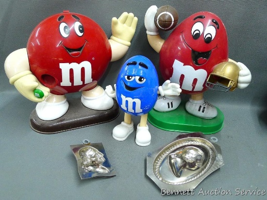 Set of 3 M&M dispensers, largest measures 10" x 4" x 9" tall; 3 metal George Washington candy molds.