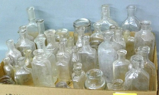 Antique bottles ranging from 2" tall ink bottles to 6-3/4" tonic bottles.