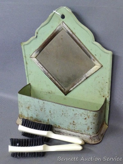 Enameled comb or brush wall mount caddy with mirror is about 11" tall, comes with a couple of small