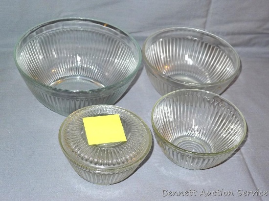 Ribbed glass bowls including 5-1/4" diameter Anchor Hocking bowl. Bowl with lid is 4-3/4" diameter
