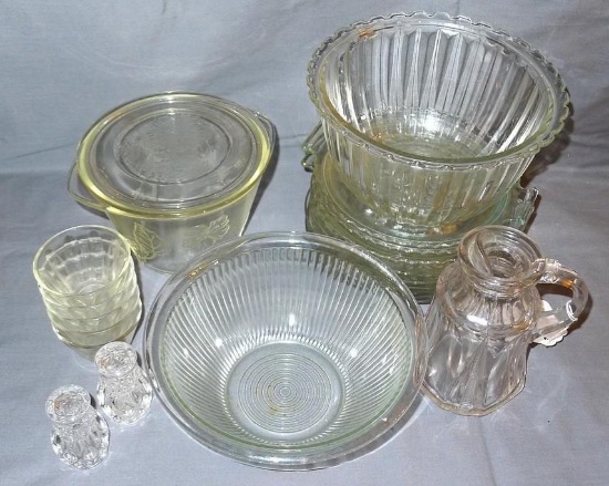 Five Hazel Atlas dessert cups; heavy glass syrup pitcher stands 6-1/4" tall; six matched floral