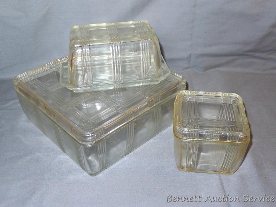 8-3/4" square glass refrigerator dish; one pound butter dish; 4-1/4" x 4-1/4" glass dish. Butter