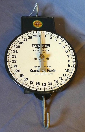 Hanson Dairy Scale Model 60 has original sticker decal above face. Weighs up to 30 lbs. Measures