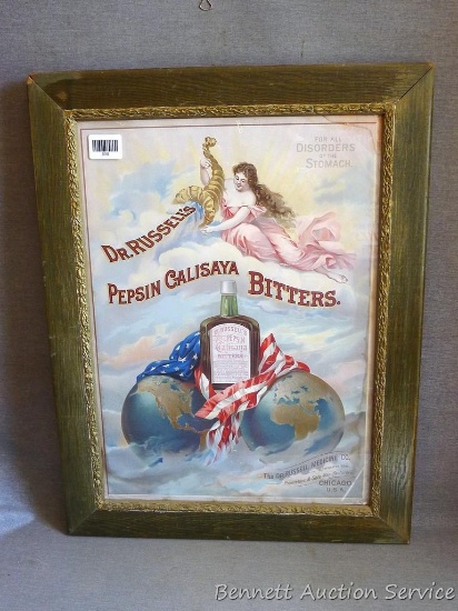 Nicely framed display of an antique advertisement for Dr. Russell's Pepsin Calisaya Bitters.