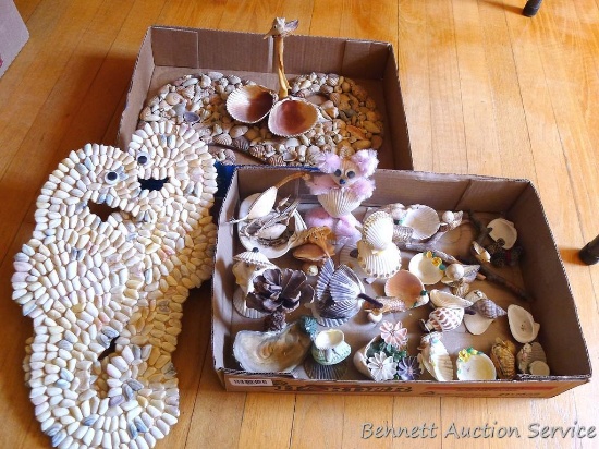 Sea shell art pieces, up to 15" long. Includes little trinket holders, wall hangings, more.