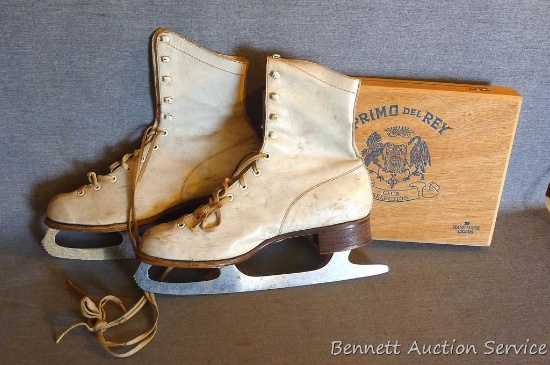 Ladies ice skates, shoe is approx. 10-1/2" from toe to heel; wooden Primo del Rey cigar box is