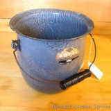 Royal Graniteware enameled bucket with original wire and wooden handle. Still has part of its