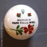 Little white glass trinket dish was a 'Souvenir of Park Falls, Wisc.'. Pieces are both in good