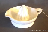 White glass juicer or reamer is marked on bottom 'Vitrock' and measures 8-1/2