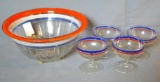 Fun red, white and blue striped clear glass serving bowl and four footed custard dishes - ready for
