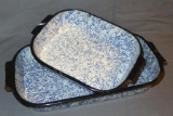Pretty blue and white speckled enamelware pans in good condition. Smaller measures 8