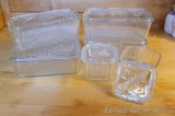 Vegetable pattern refrigerator dishes include six dishes with lids. Largest is an 8