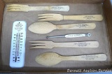 Antique local Park Falls promotionals. Fairway Chevrolet thermometer; Wooden serving pieces