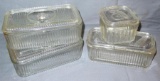 Four refrigerator dishes including two vegetable pattern, plus two other ribbed patterns. Ribbed