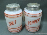 Classic red and white glass salt and pepper shaker set stands 4-1/2