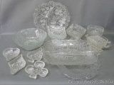 Assorted clear pressed glassware including divided relish dish and another matching dish, footed