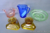Pink Depression glass Honeycomb pattern sugar dish; cute little blue pitcher stands approx. 4-1/2