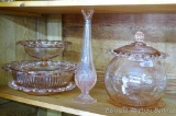 Pink Depression glass pieces and a pink vase. Note found with punched trim pieces states 'Old