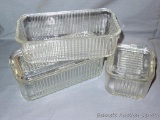 One rectangular and one small square glass refrigerator dish, plus one dish missing lid. Larger