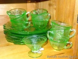 Green Depression glass, possibly all Princess pattern. Six divided plates are 10-1/4