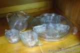 Nice ribbed glass relish tray with five nesting dishes, plus creamer and sugar, two saucers, and a