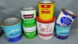 Seven lard cans or buckets by Swift's, Morrell, Armour, and Hormel. Largest is the red and white