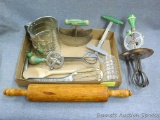 Vintage green kitchen utensils and more incl Bromwell's flour sifter; choppers; 17