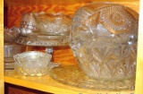 No shipping. Nice assortment of very vintage pressed glass including serving bowls & platters, cake