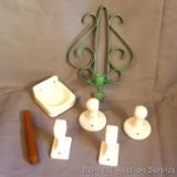 Two pairs of porcelain towel bar or toilet paper holders, plus a wall mounting porcelain cup holder