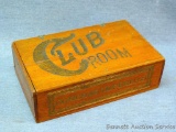 Club Room wooden cigar box has a partial label inside that reads 'Mf'd by F. Boheim Phillips, Wis.'.