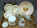 Assorted glassware including porcelain serving bowl, candlestick, a little glass pitcher, more.