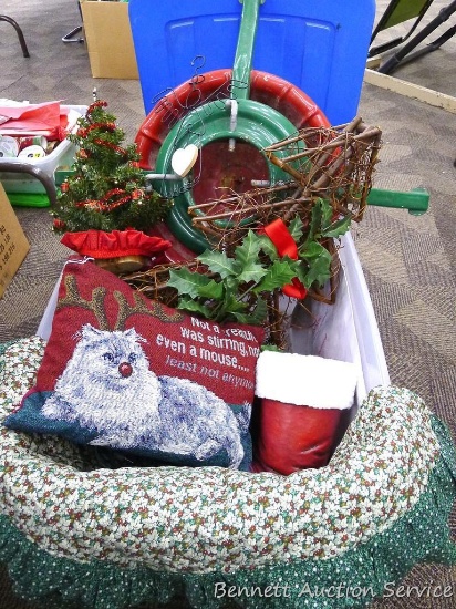 Christmas items including, tree stand, tree skirt, mini trees,