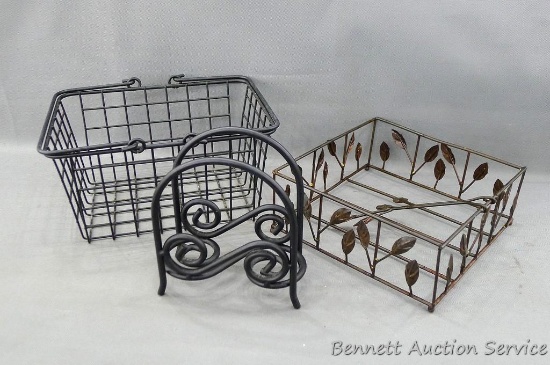 Cute metal napkin holders and a black wire basket. Basket is 9" x 6-3/4" x 4" high.