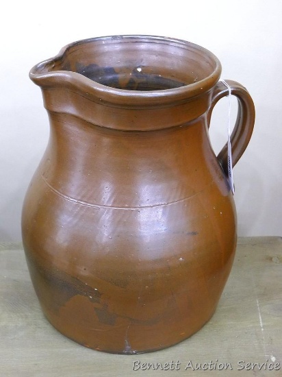 2 gallon stoneware pitcher, nice condition, no chips; measures 10"d x 12" tall.
