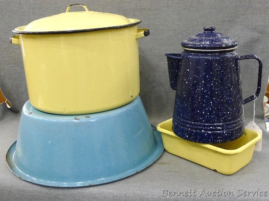 Enamelware coffeepot, bread pan, basin, and pot are fun colors. Coffeepot stands 10" tall; basin is