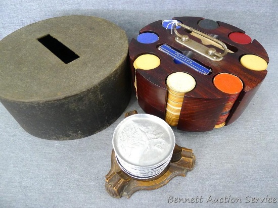 Vintage poker chip carousel with lid & handle. Is 9" in diameter. Some of the poker chips are