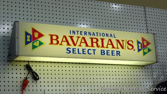 Vintage Bavarian/s beer lighted sign, approx. 40" l x 6-1/2" d x 8" h. Light works and is in nice