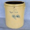 Six gallon salt glazed stoneware crock shows two leaves on front under number and is imprinted 'Red