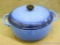Pretty blue enameled cast iron 5 quart Dutch oven by Lodge is in very good condition with no chips