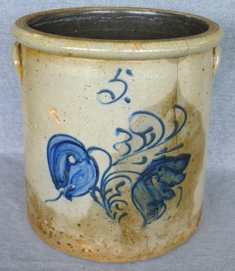 5 gallon salt glazed stoneware crock with beautiful blue markings. Measures 12-1/2" tall and is 12"