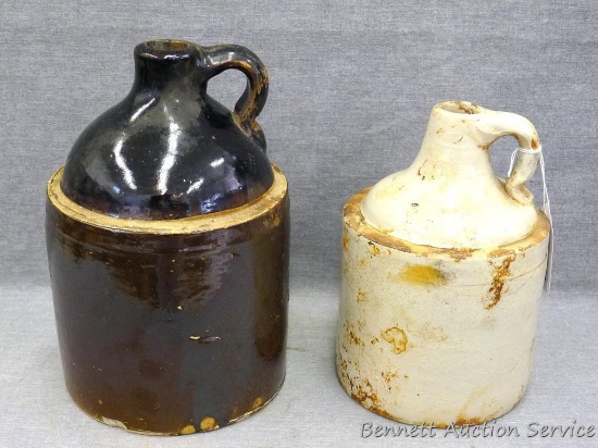 Two unmarked stoneware jugs have lots of character. Larger is 10-1/2" tall, smaller is about 8-1/2"