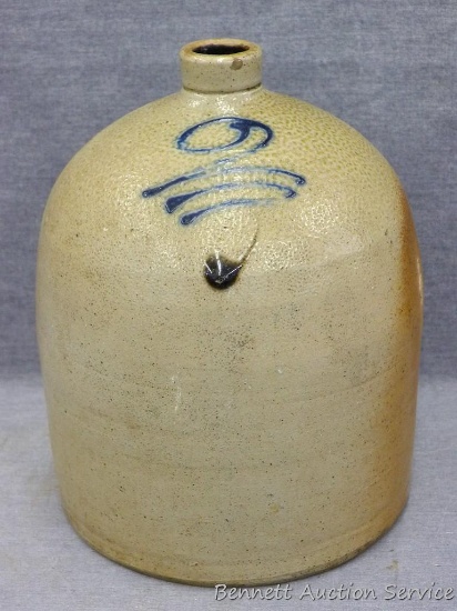 Two gallon salt glazed bee hive shaped jug with orange peel and turkey dropping noted. 'N' stamped