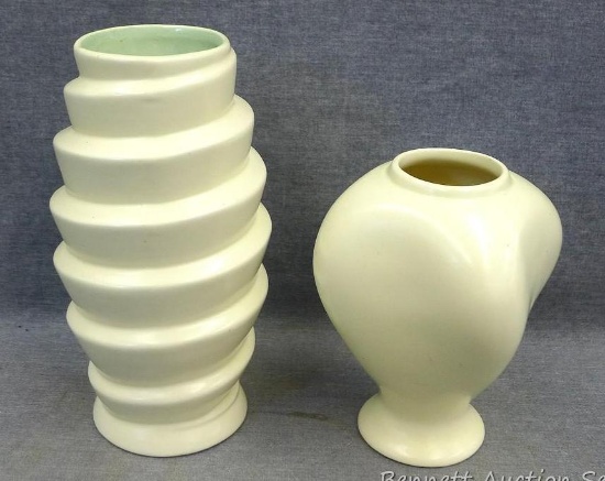 Two Red Wing art pottery vases are a classic cream color. Taller has a nice green interior and in