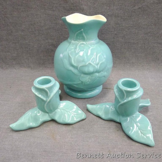 Aqua Red Wing art pottery vase and a pair of matching Red Wing candle holders. Vase is marked 'Red
