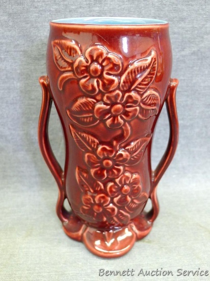 Maroon floral Red Wing vase has a pretty aqua inside and is marked on bottom 1360. Vase is 7-5/8"